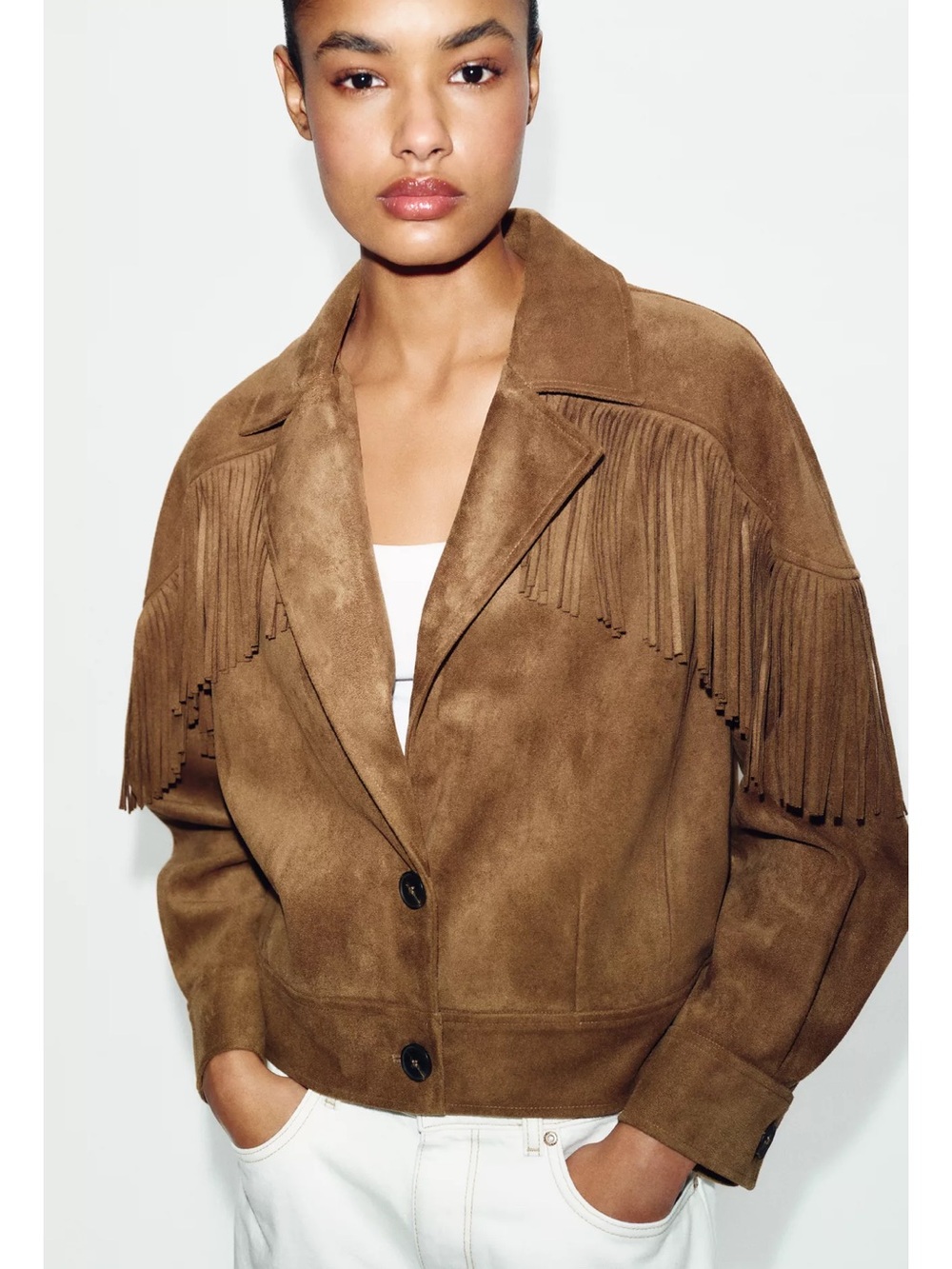 Zara FRINGED FAUX SUEDE JACKET